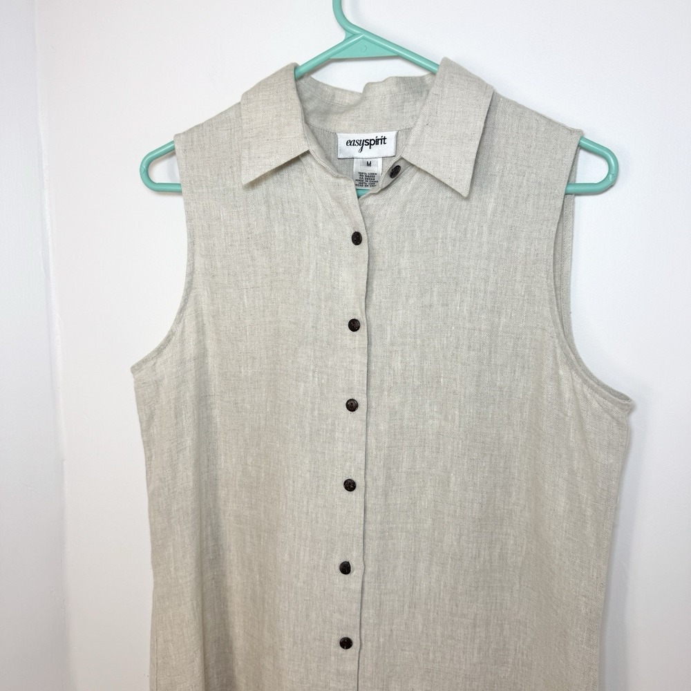 Vintage 100% Linen Maxi Shirt Dress M Sleeveless Minimalist Button Front Neutral - Picture 4 of 13